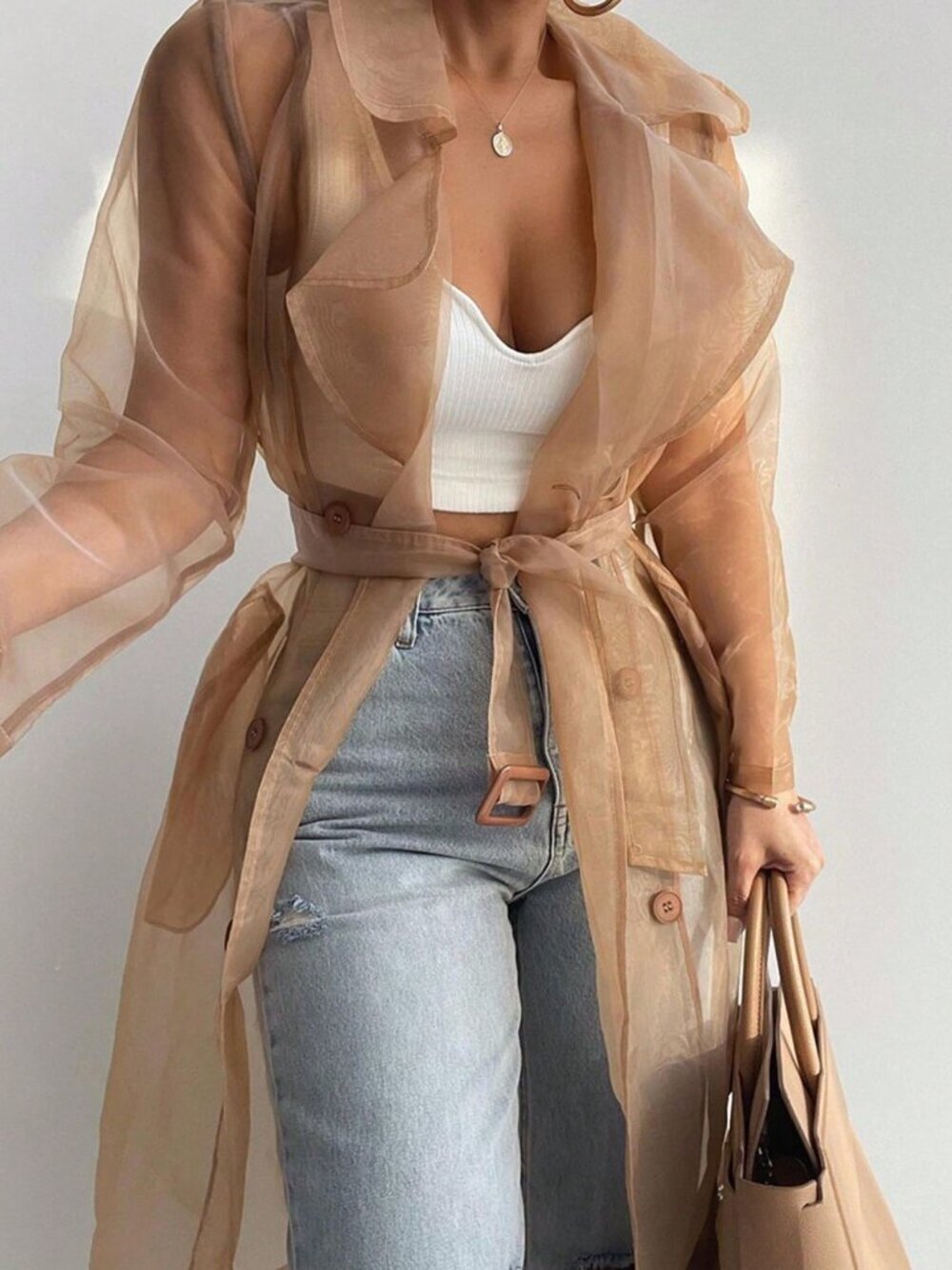 Apricot Casual Women's Sheer Mesh Long Transparent Tie-Front Windbreaker - Picture 5 of 5
